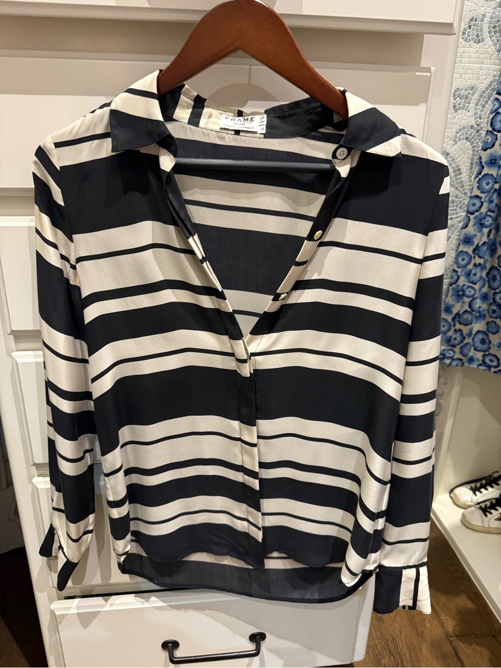 Frame Denim Black and White Striped Button-Down Blouse
